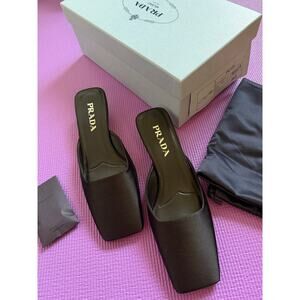Prada Shoes Women Black Satin Modellerie Mule Logo Low Heel Shoes 37 NEW